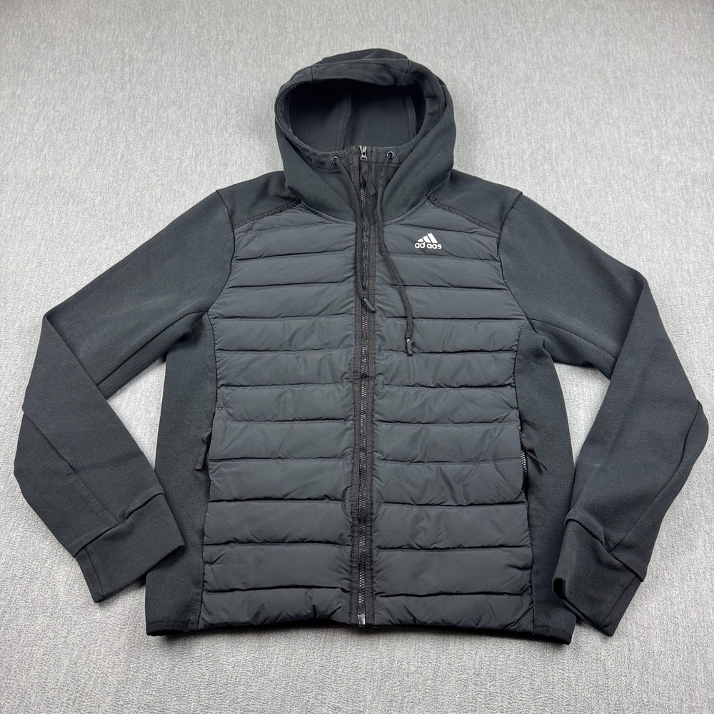 Adidas Jacket Men Small Black Varilite Hybrid Full Zip Hooded Puffer Slim Fit